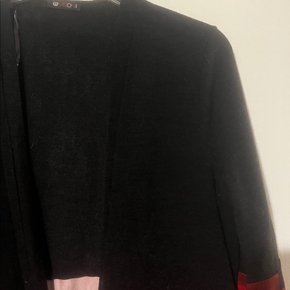 Vision black with black and red plaid knee length open cardigan side pockets - Picture 2 of 10